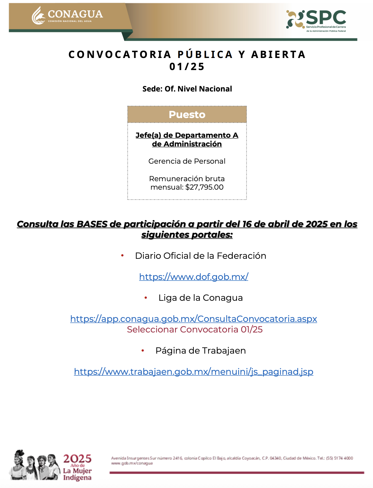 Vacante Jefe(a) de Departamento A de Administración (Conagua)